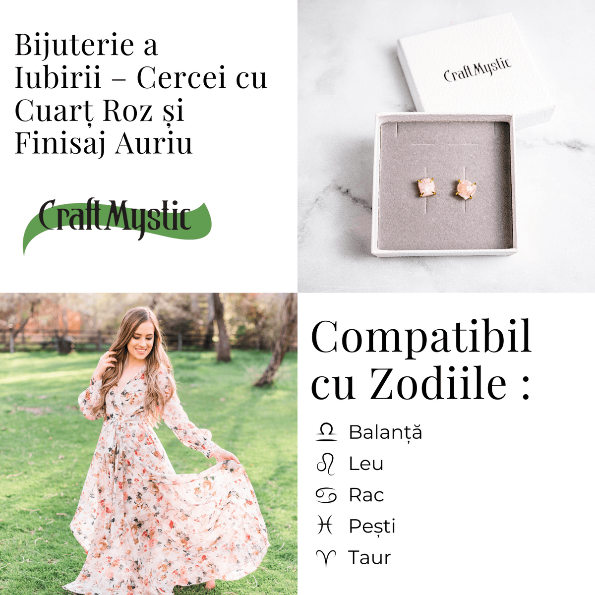 Bijuterie a Iubirii – Cercei cu Cuart Roz si Finisaj Auriu