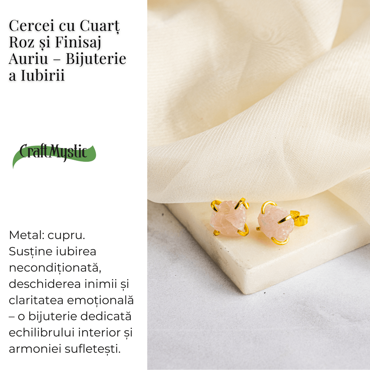Bijuterie a Iubirii – Cercei cu Cuart Roz si Finisaj Auriu