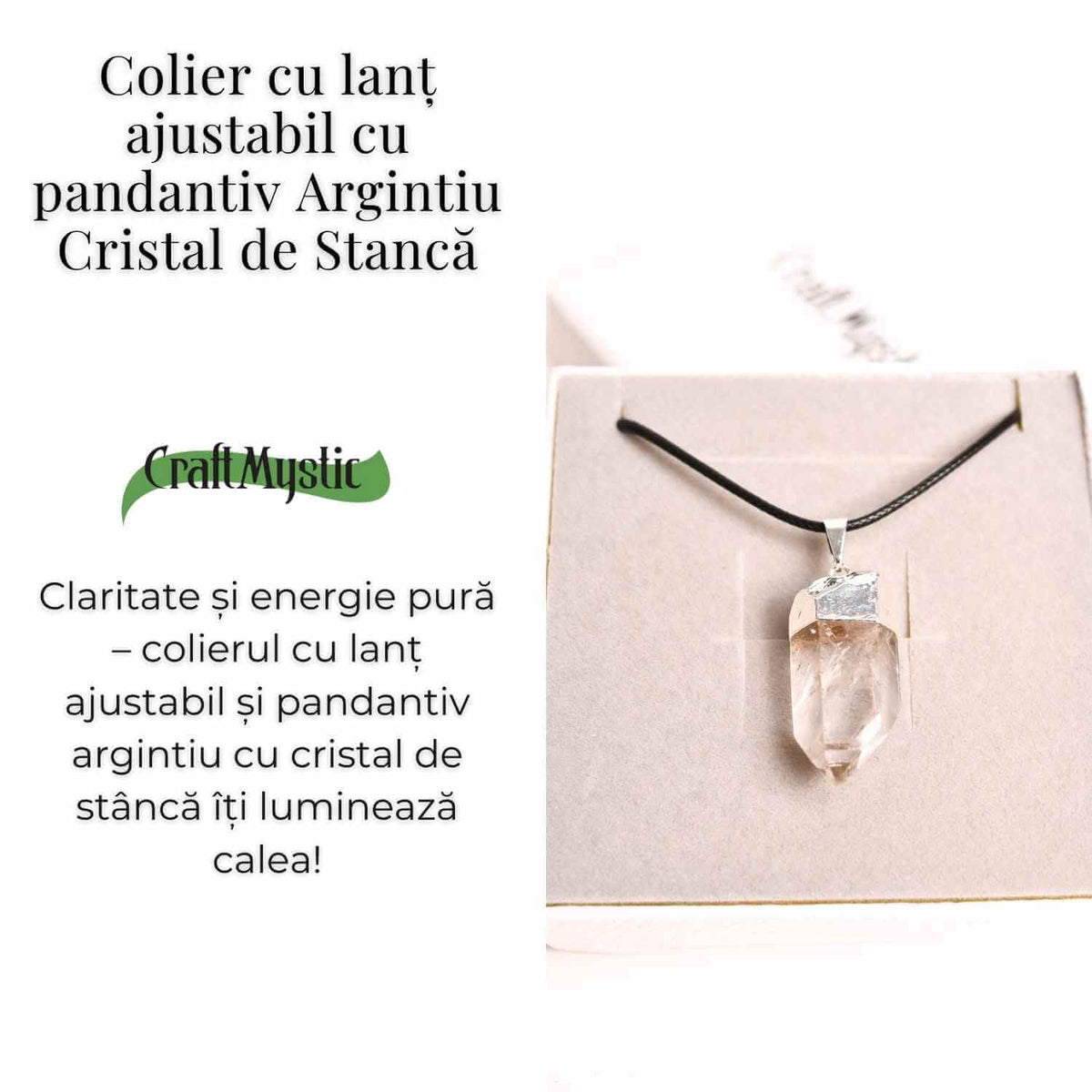 Colier cu pandantiv argintiu din cuart de stanca – Claritate si Energie Pozitiva