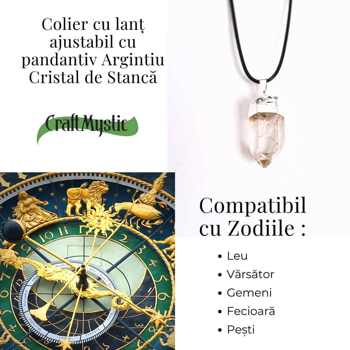 Colier cu pandantiv argintiu din cuart de stanca – Claritate si Energie Pozitiva