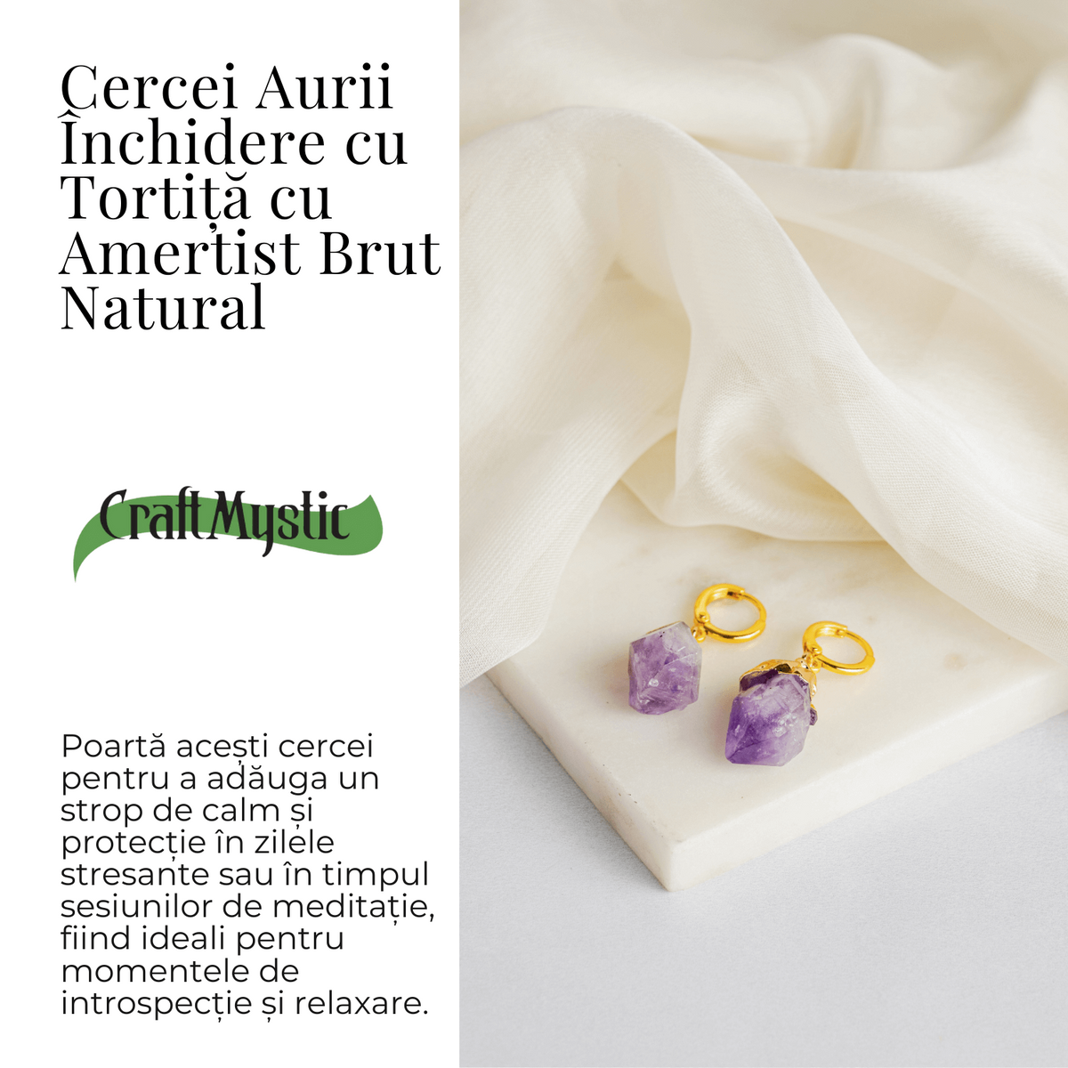 Cercei Aurii cu Ametist Brut Natural –Energie si Echilibru