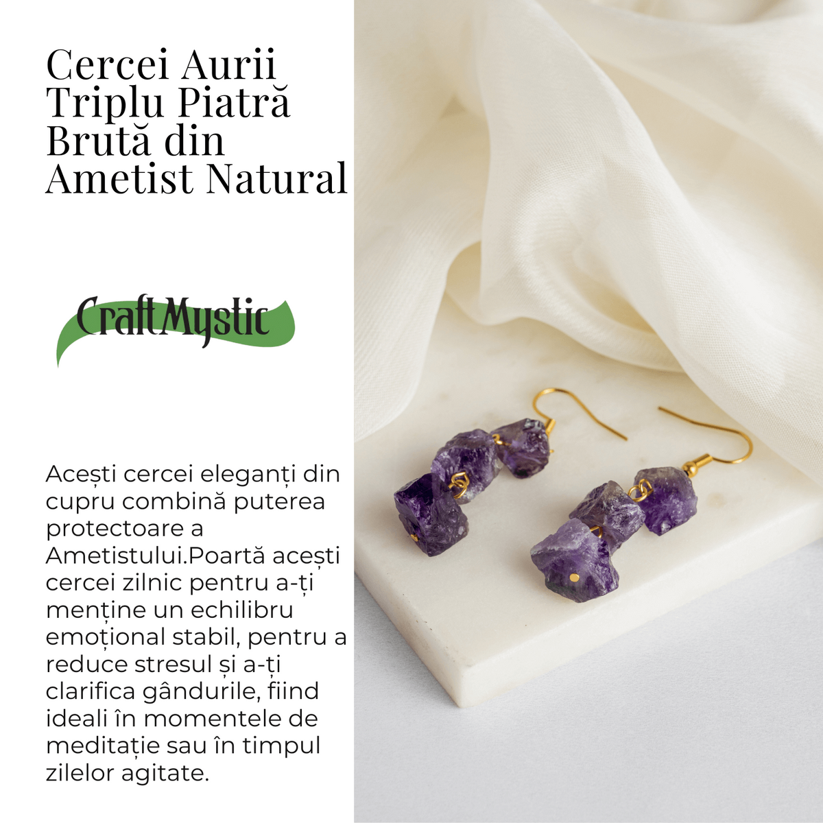 Cercei Aurii cu Triplu Piatra Ametist Brut Natural – Energie, Stil si Unicitate