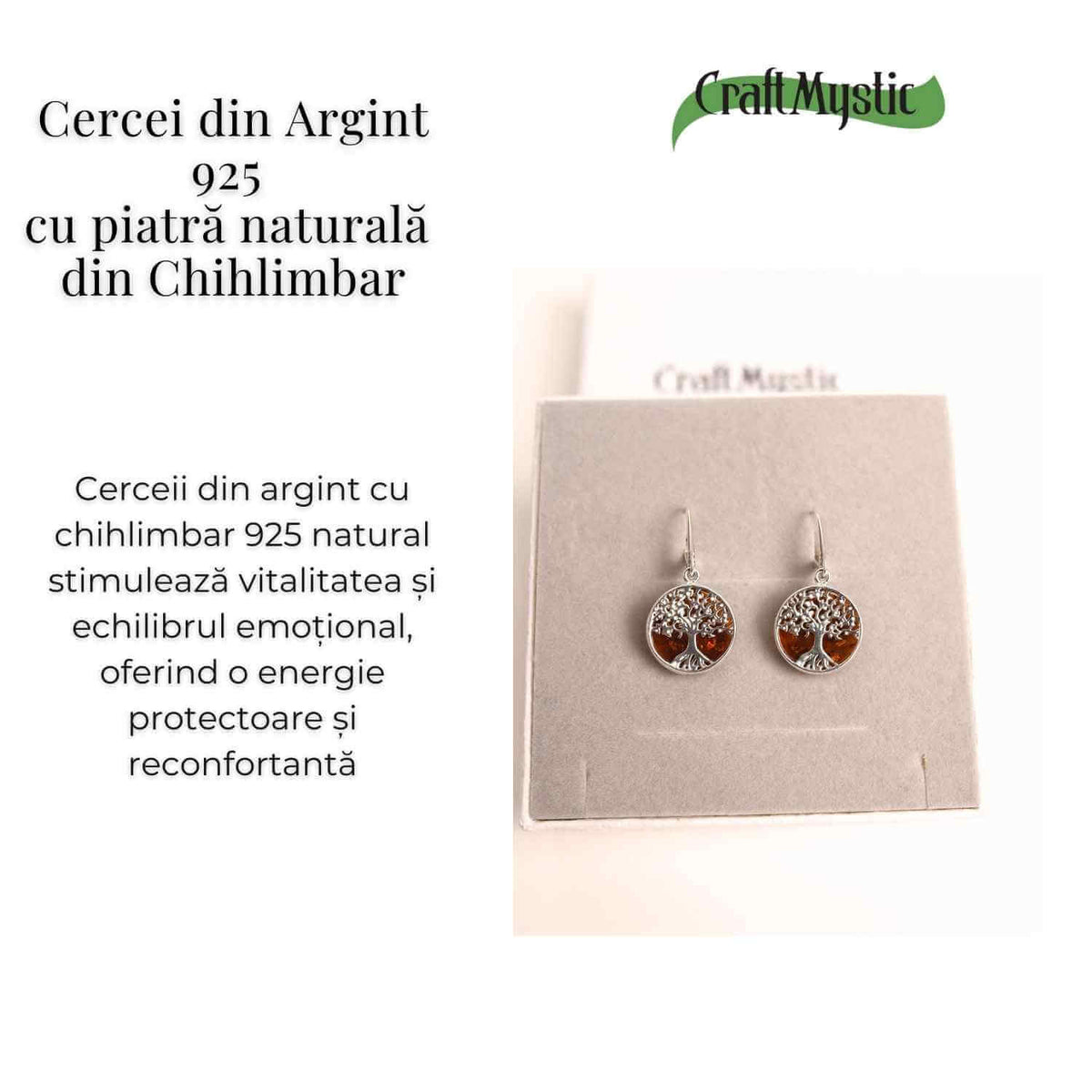 Cercei Argint 925 cu Chihlimbar si Arborele Vietii