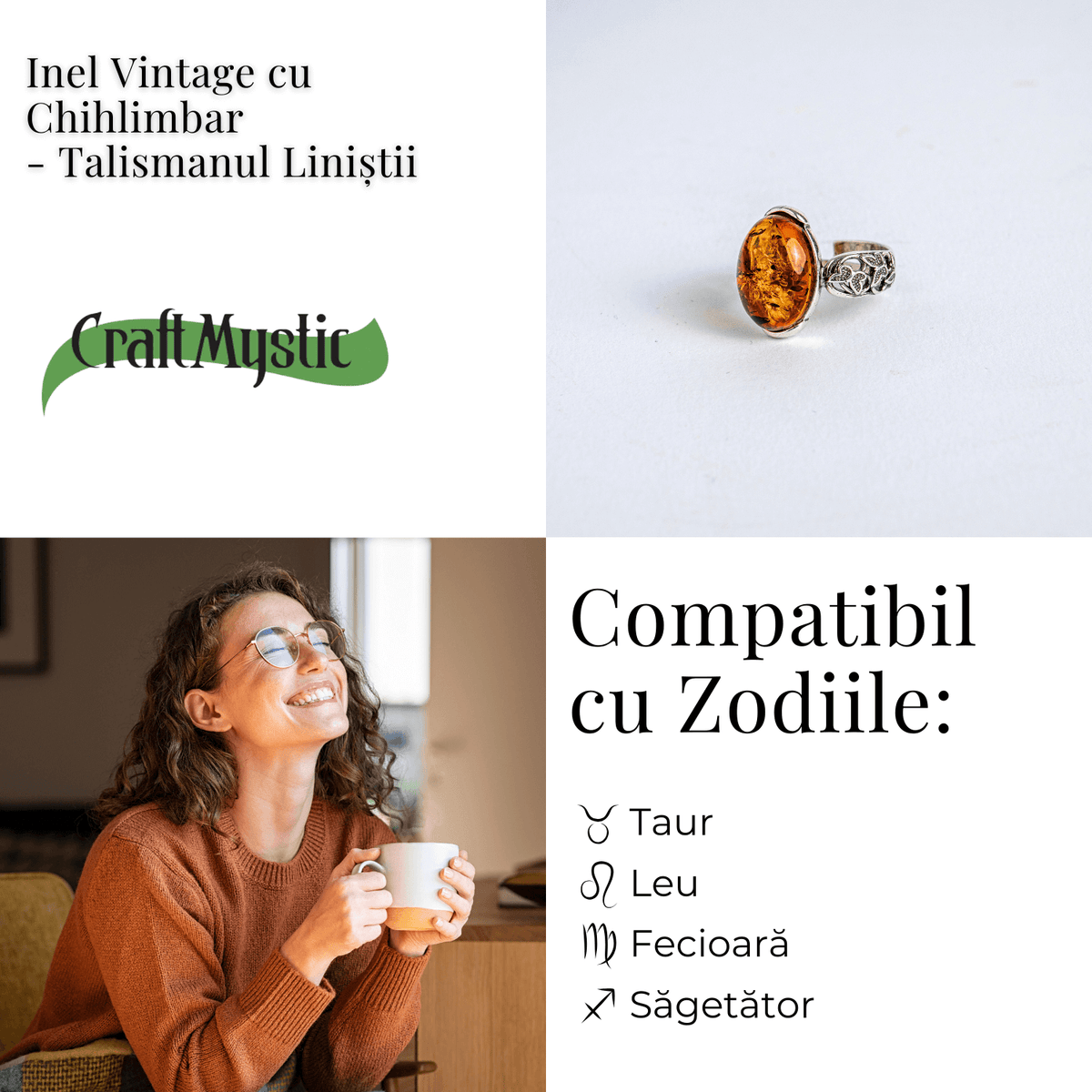 Talismanul linistii – Inel vintage cu chihlimbar si detalii din argint 925