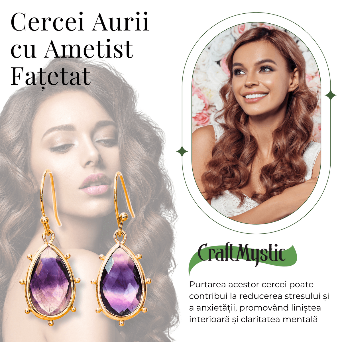 Cercei Aurii Eleganti cu Ametist Fatetat