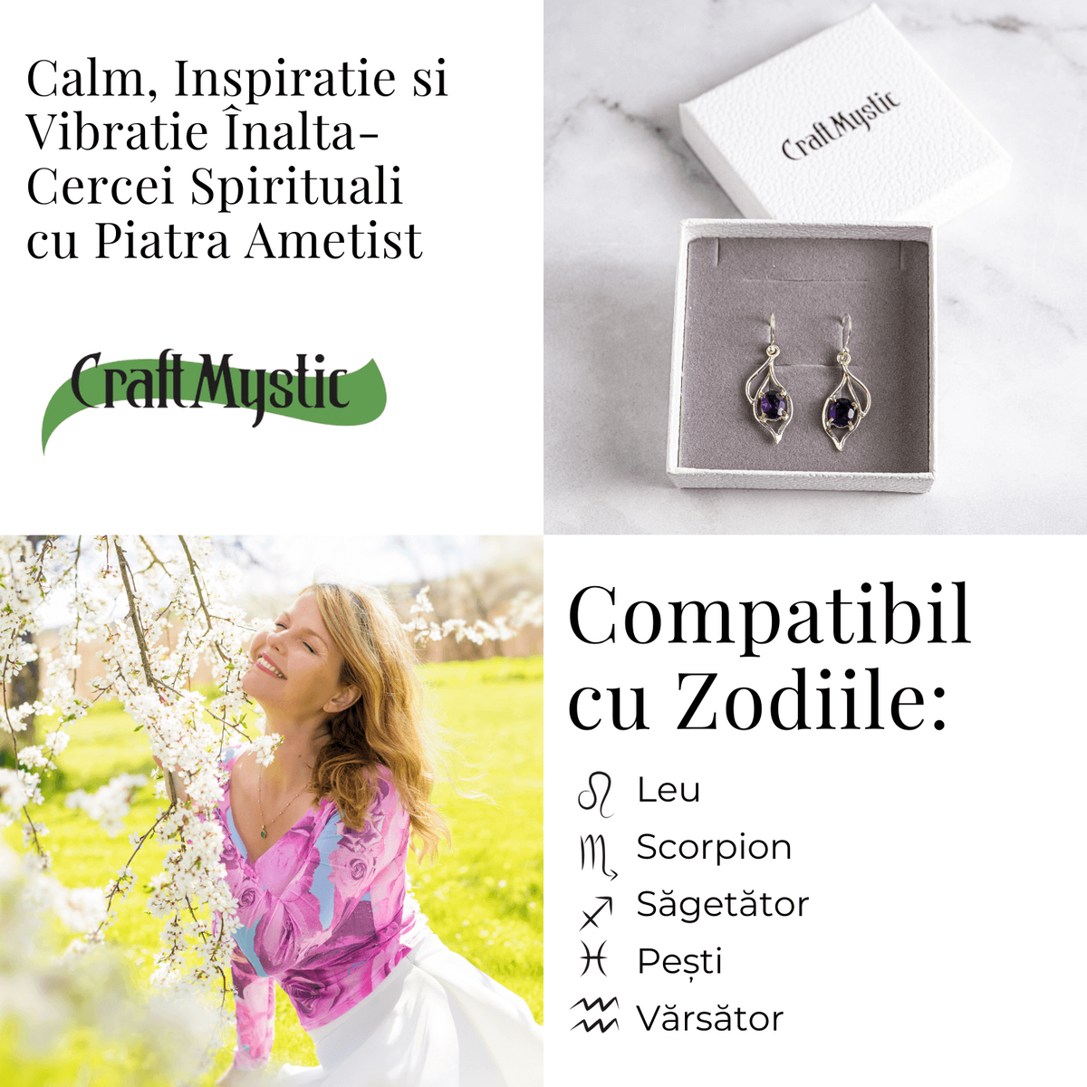 Cercei spirituali cu piatra Ametist – Calm si Vibratie Inalta