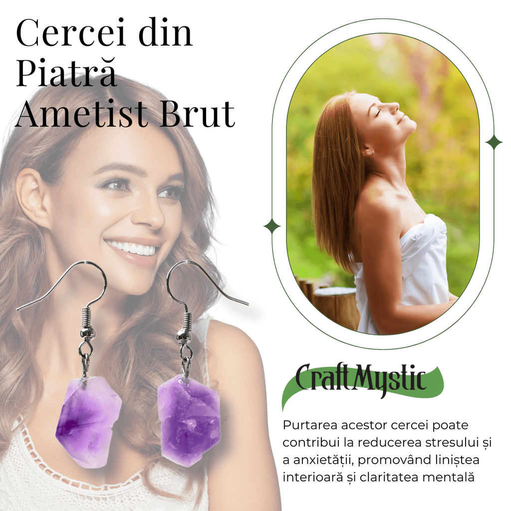 Cercei Argintii cu Ametist Natural Brut in Forma Neregulata