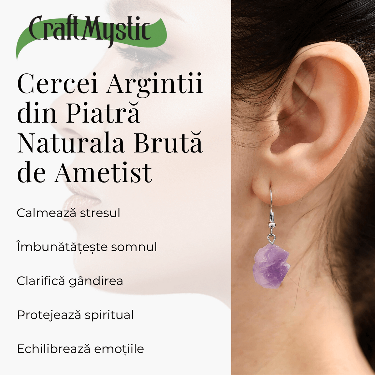 Cercei Argintii cu Ametist Natural Brut in Forma Neregulata