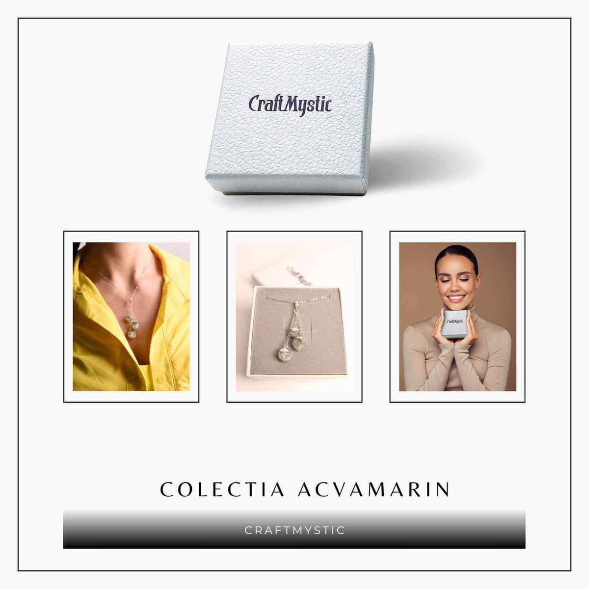 Colier cu lant argint 925 si pandantiv argintiu cu 3 pietre de Acvamarin – Calm si Eleganta