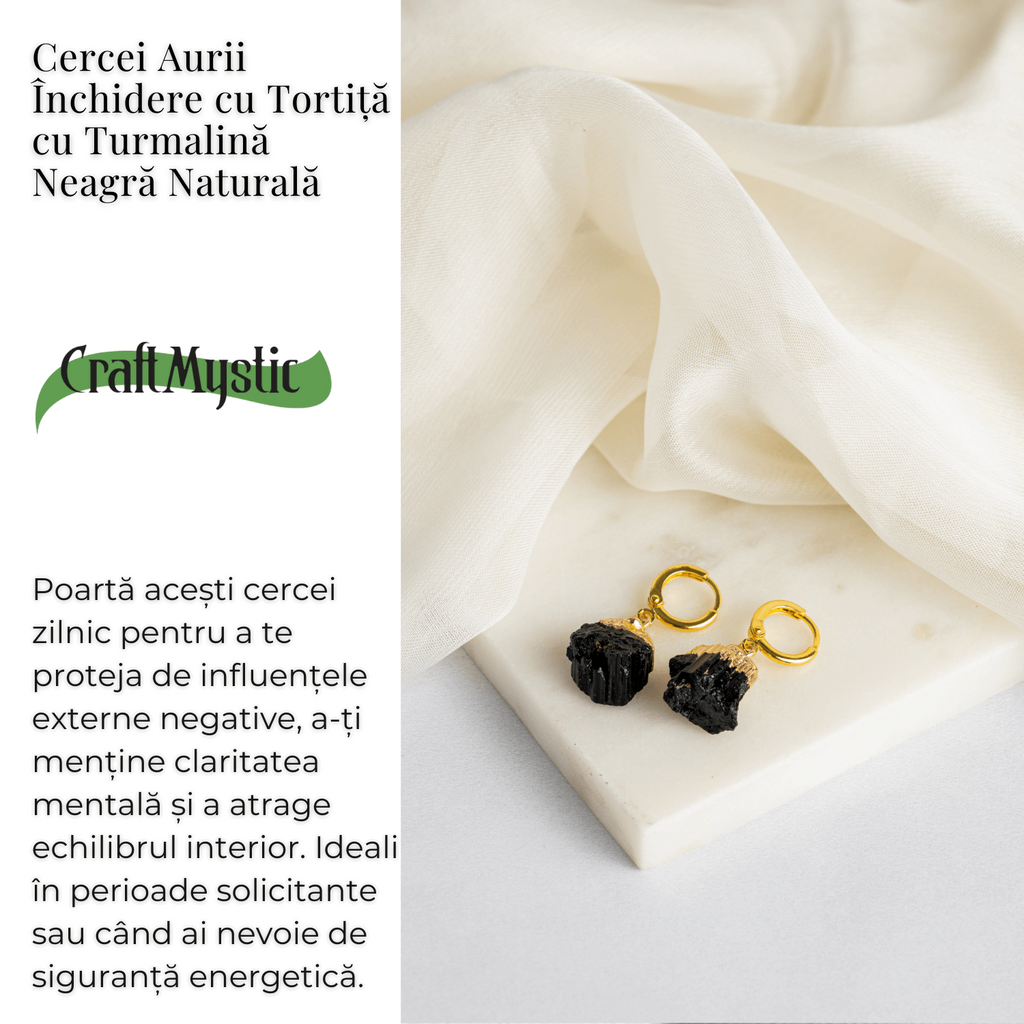 Cercei Aurii cu Turmalina Bruta Naturala – Protectie Energetica