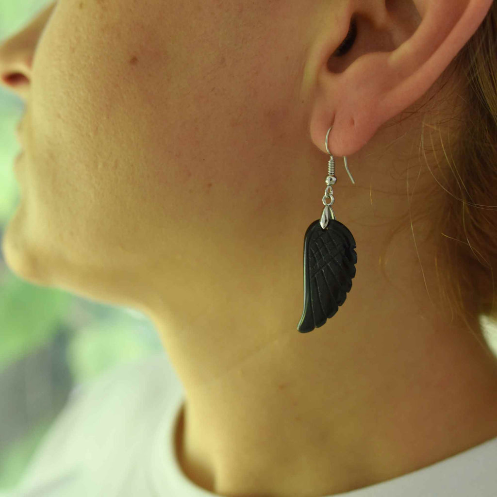 Cercei aripi de inger din piatra semipretioasa Obsidian 3 cm