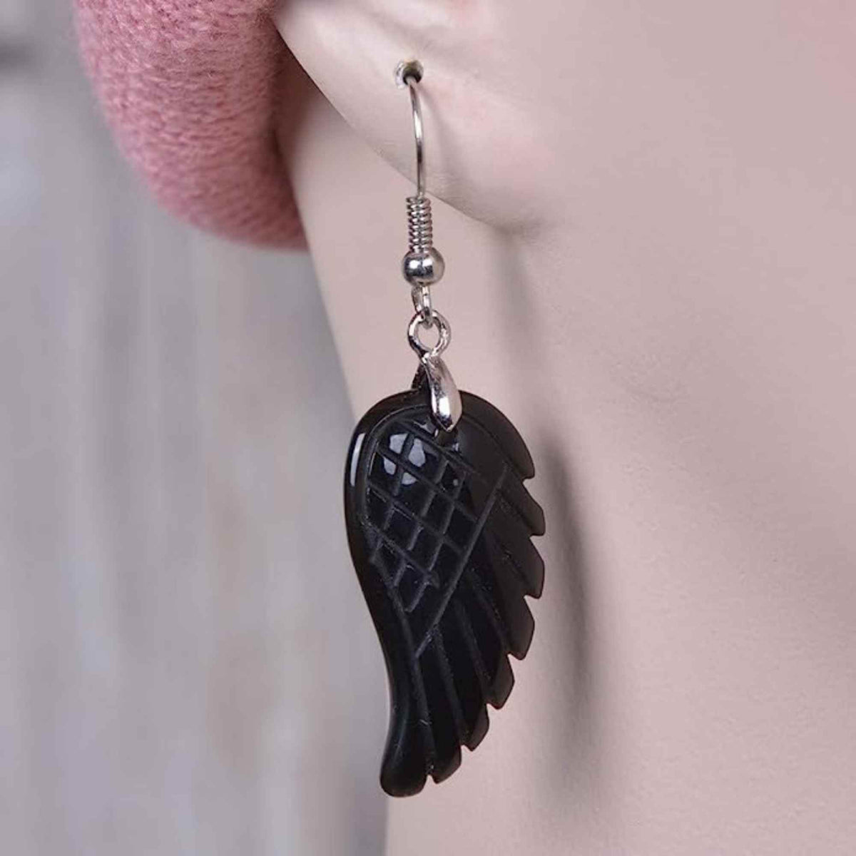 Cercei aripi de inger din piatra semipretioasa Obsidian 3 cm