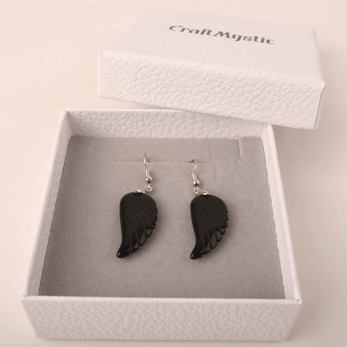 Cercei aripi de inger din piatra semipretioasa Obsidian 3 cm