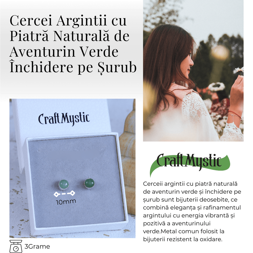 Cercei Eleganti cu Aventurin verde Natural, inchidere pe surub, pentru echilibru si noroc