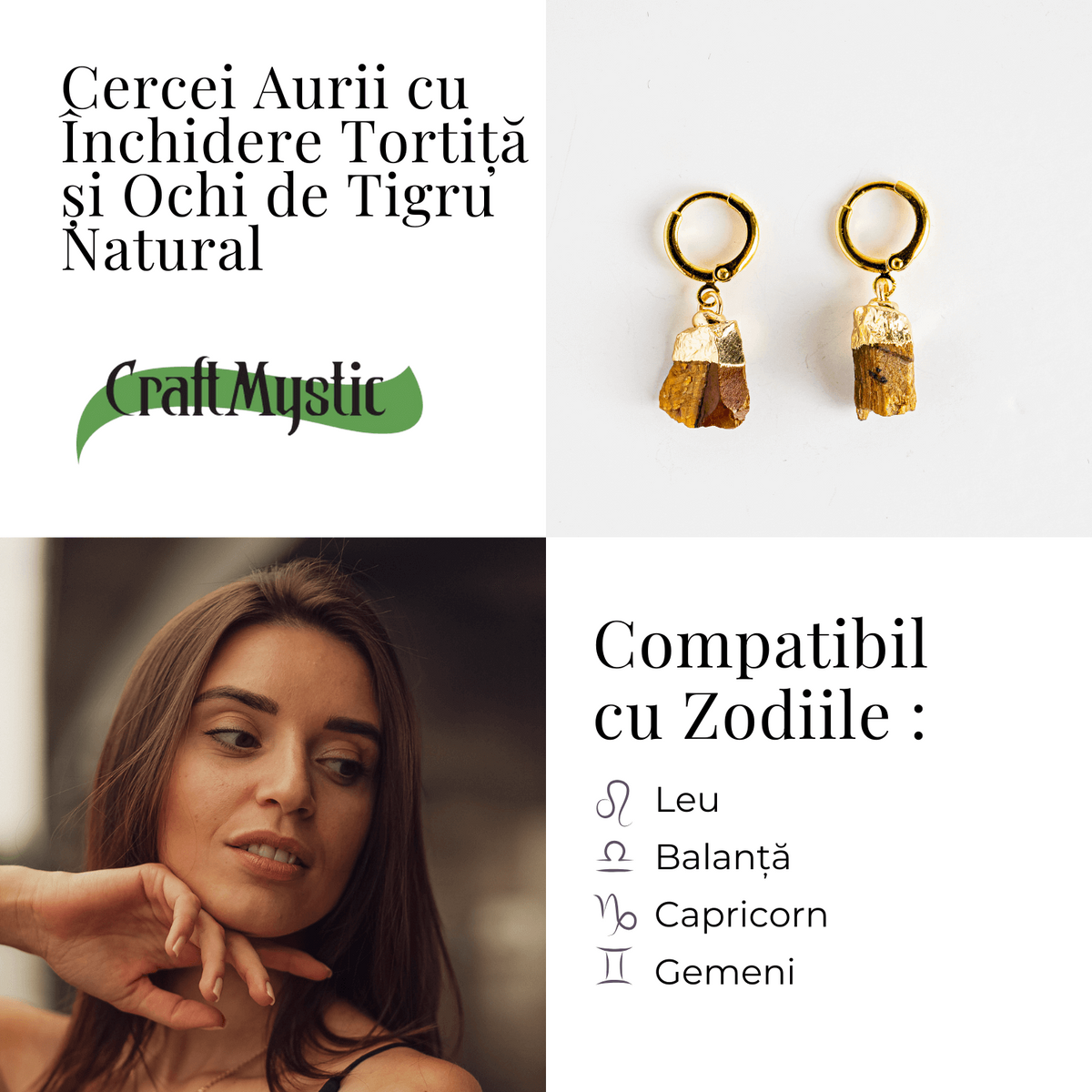 Cercei Aurii cu Ochi de Tigru Brut Natural – Putere si Protectie
