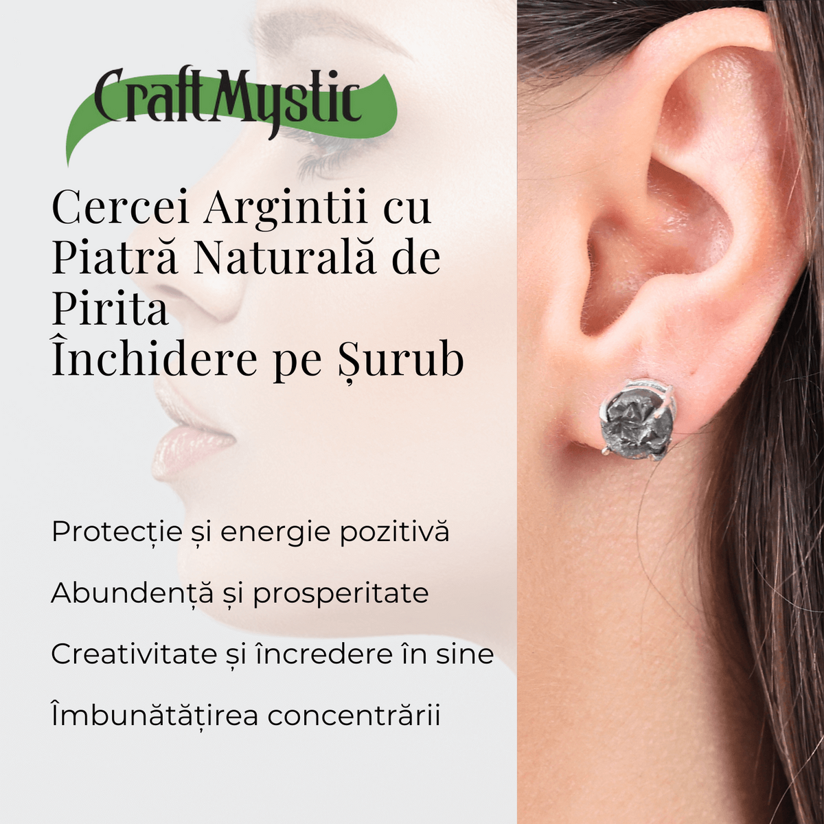Cercei Eleganti cu Pirita Naturala, inchidere pe surub, pentru protectie si noroc