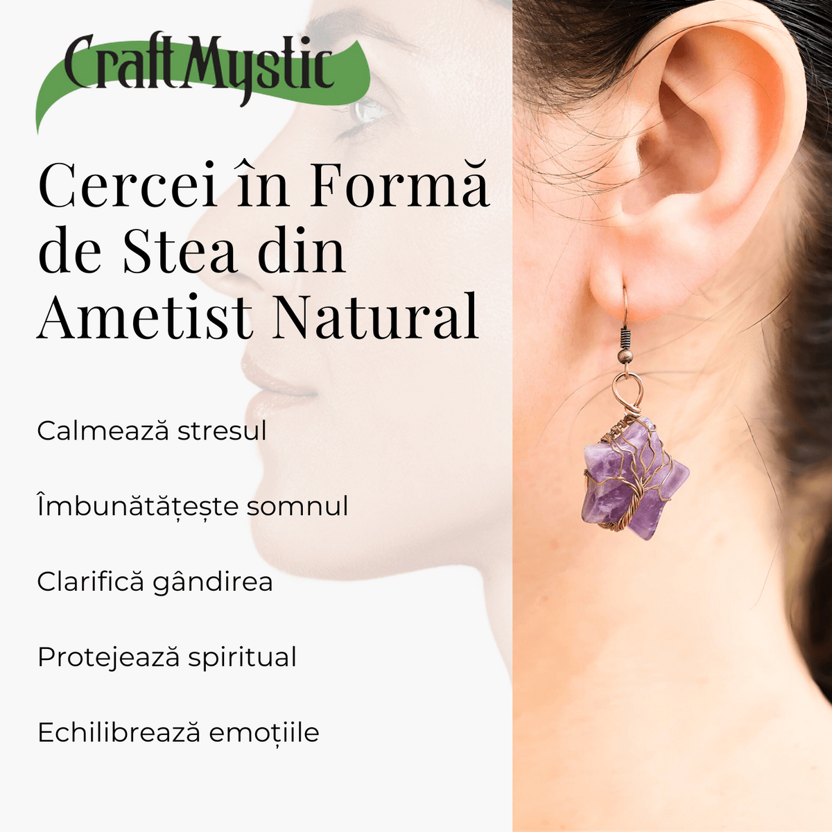Cercei Eleganti in Forma de Stea cu Ametist Natural Semipretios