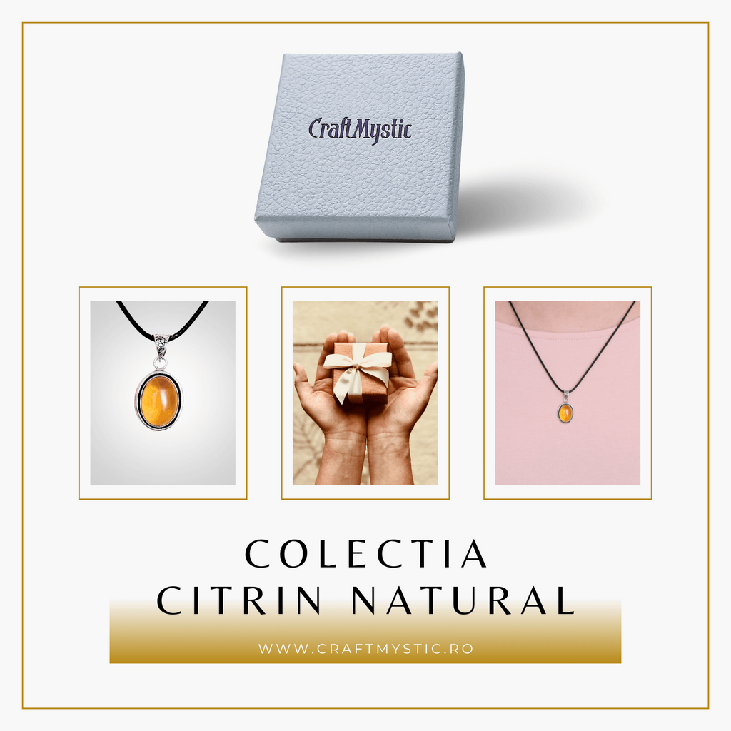 Colier Reglabil cu Pandantiv Oval din Metal Argintiu și Citrin Natural