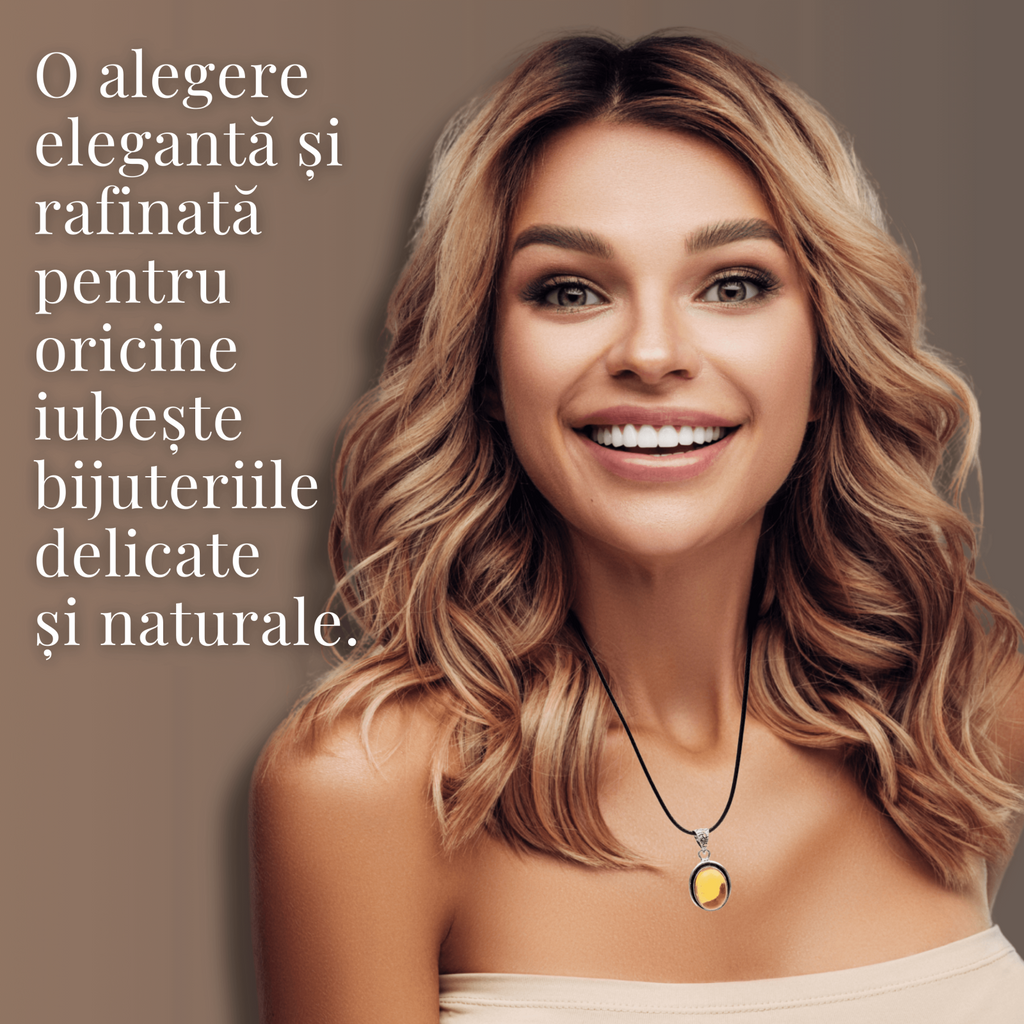 Colier Reglabil cu Pandantiv Oval din Metal Argintiu și Citrin Natural