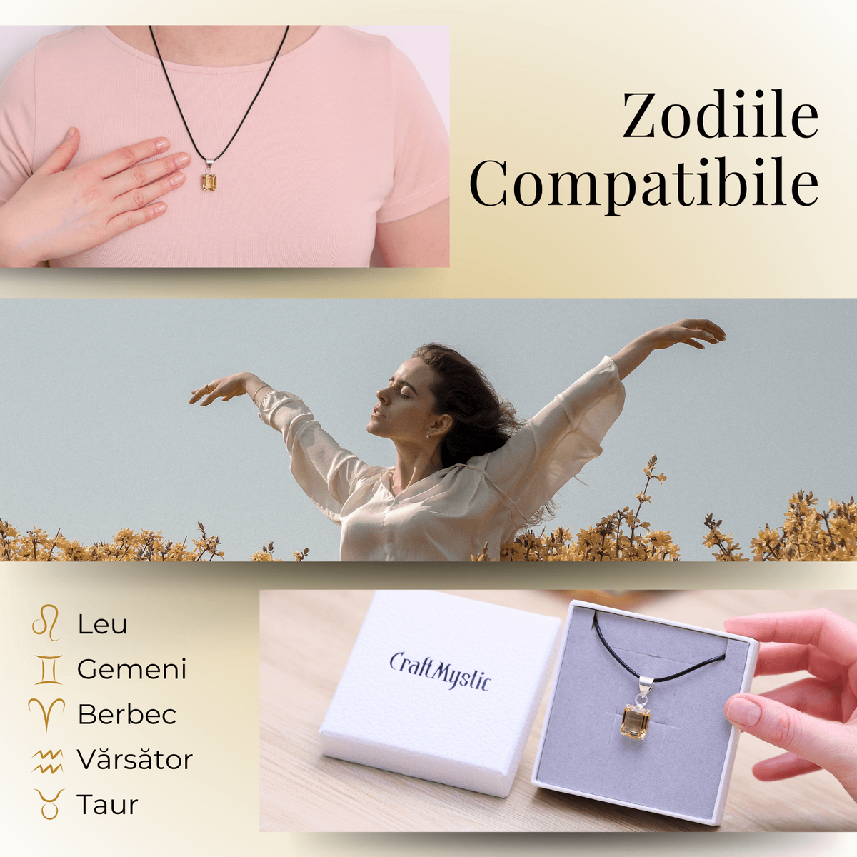 Colier Reglabil cu Pandantiv Argintiu 15mm in Forma Dreptunghiulara cu Citrin Natural Fatetat