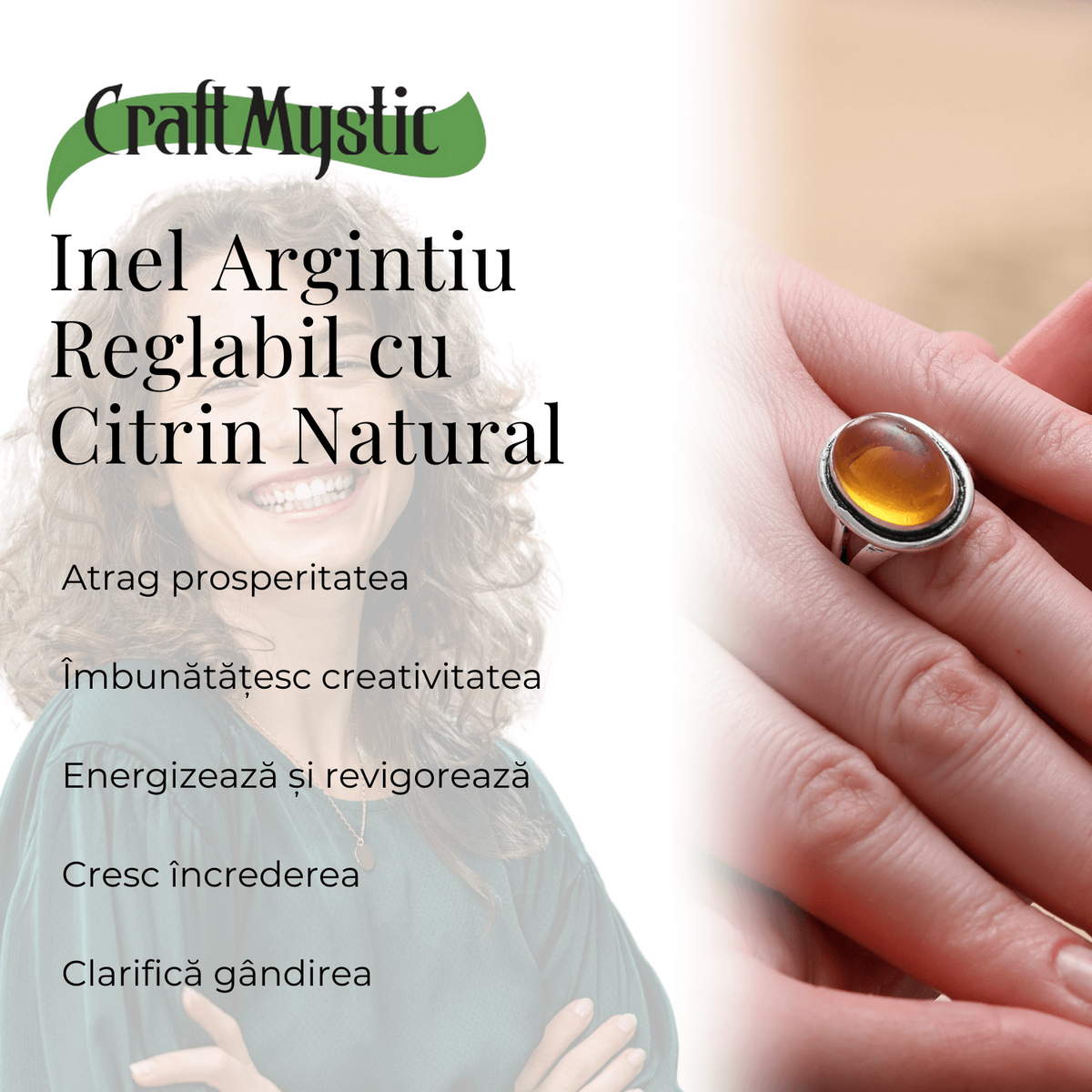 Inel Ajustabil Argintiu cu Citrin Natural