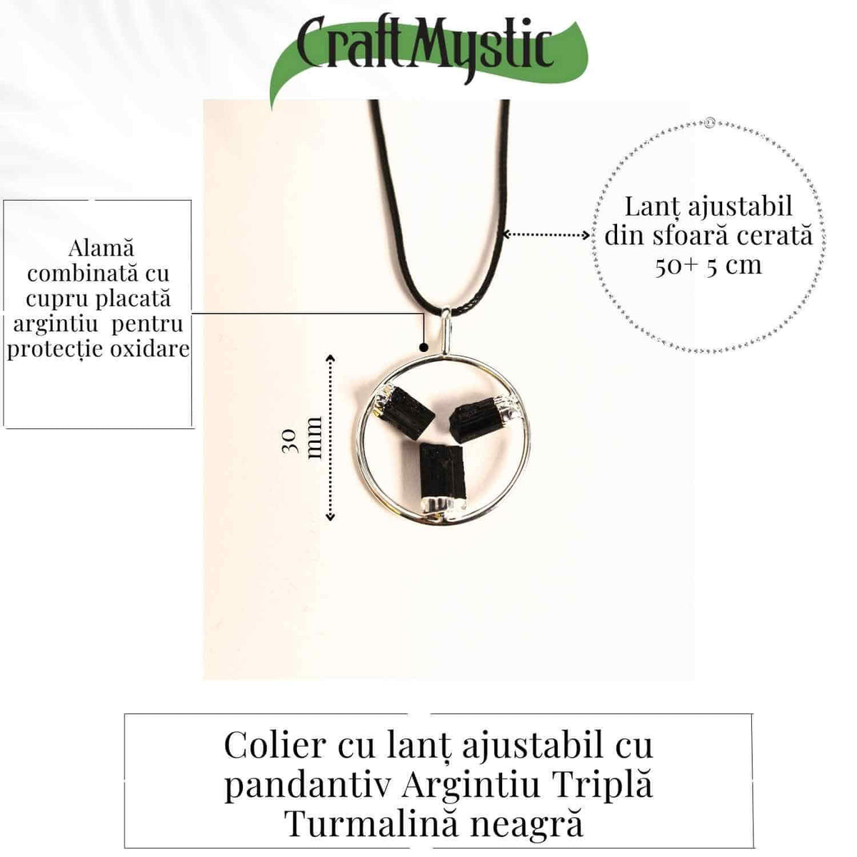 Colier cu pandantiv rotund si 3 pietre naturale de turmalina neagra – Protectie si Energie