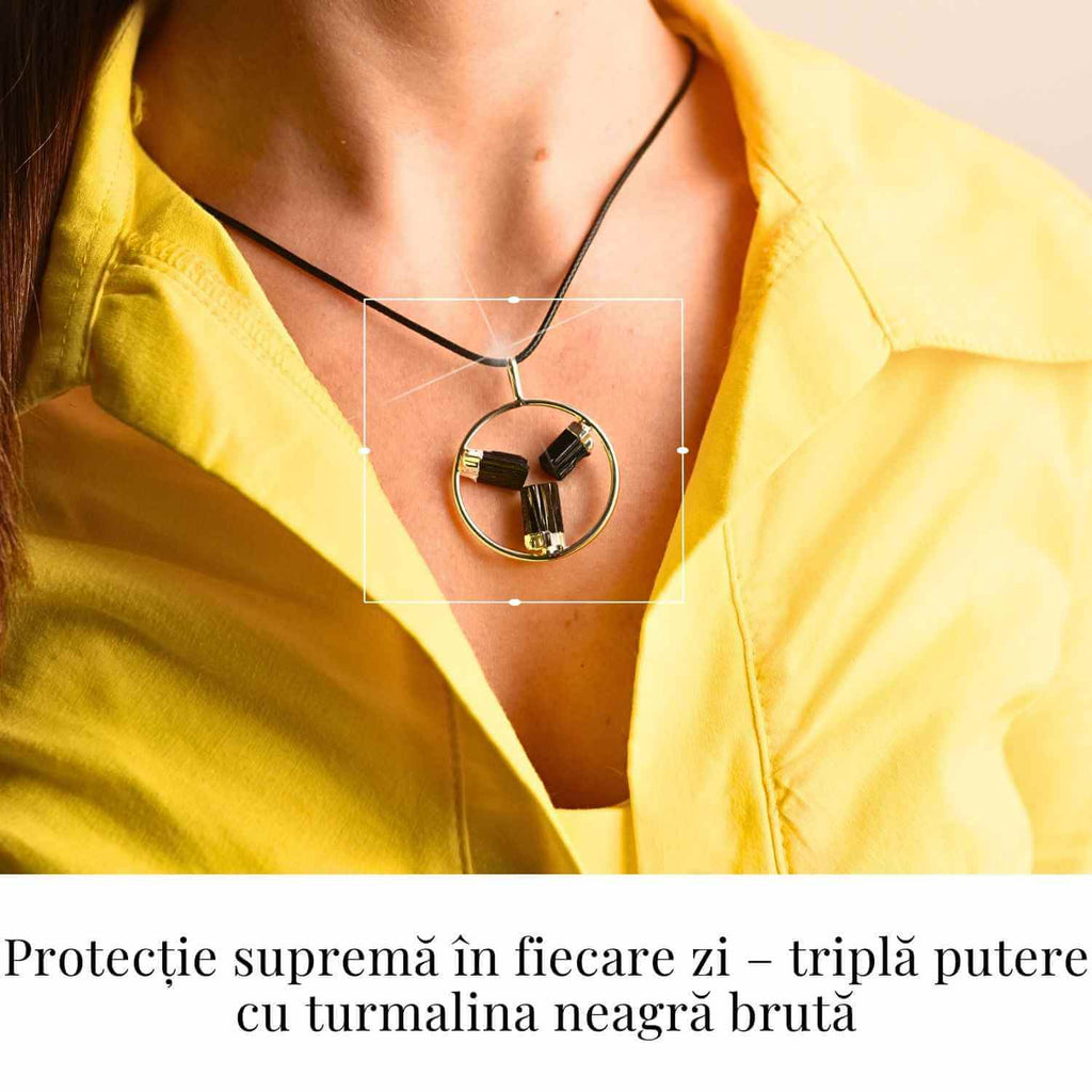 Colier cu pandantiv rotund si 3 pietre naturale de turmalina neagra – Protectie si Energie