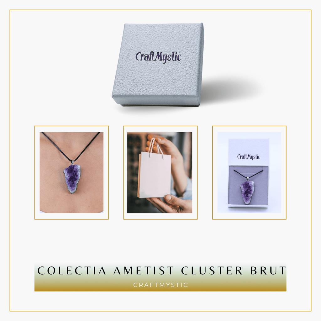 Colier ajustabil cu pandantiv Ametist brut cluster neregulat, calm si claritate