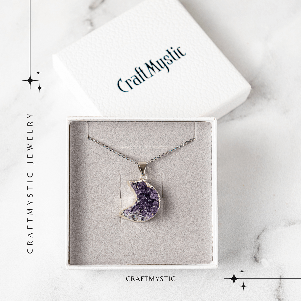 Colier Argintiu cu Ametist Druzy Semiluna – Claritate si Echilibru