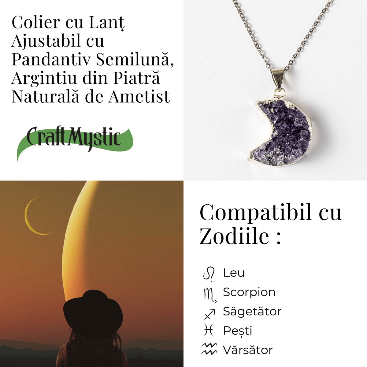 Colier Argintiu cu Ametist Druzy Semiluna – Claritate si Echilibru