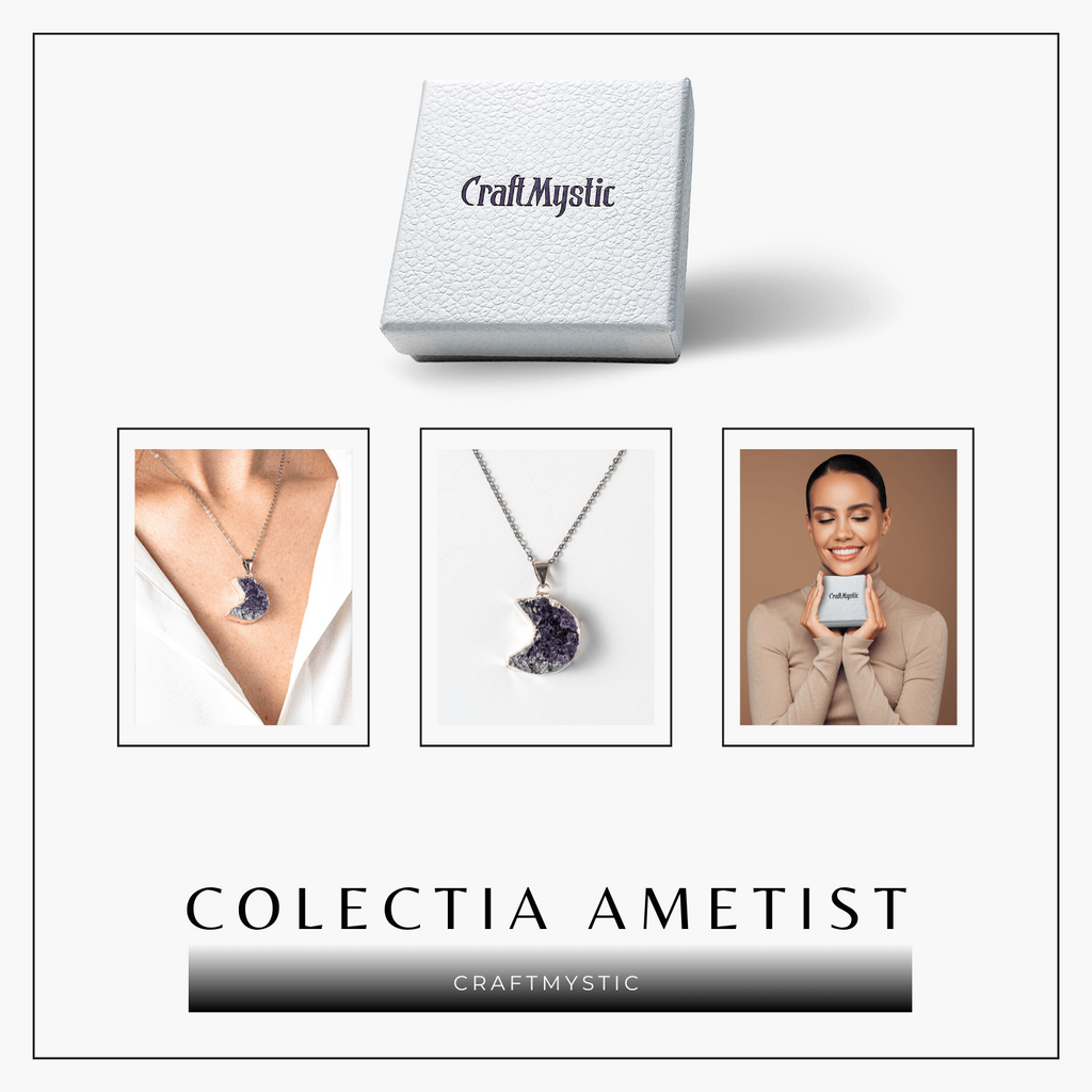 Colier Argintiu cu Ametist Druzy Semiluna – Claritate si Echilibru