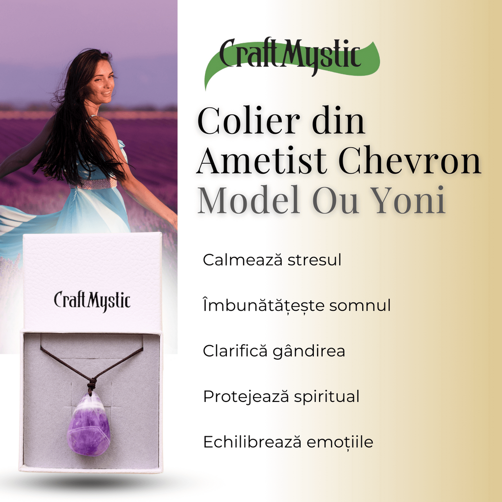Colier cu Pandantiv din Ametist Chevron Natural in Forma de Ou Yoni, Accesoriu Elegant pentru Femei