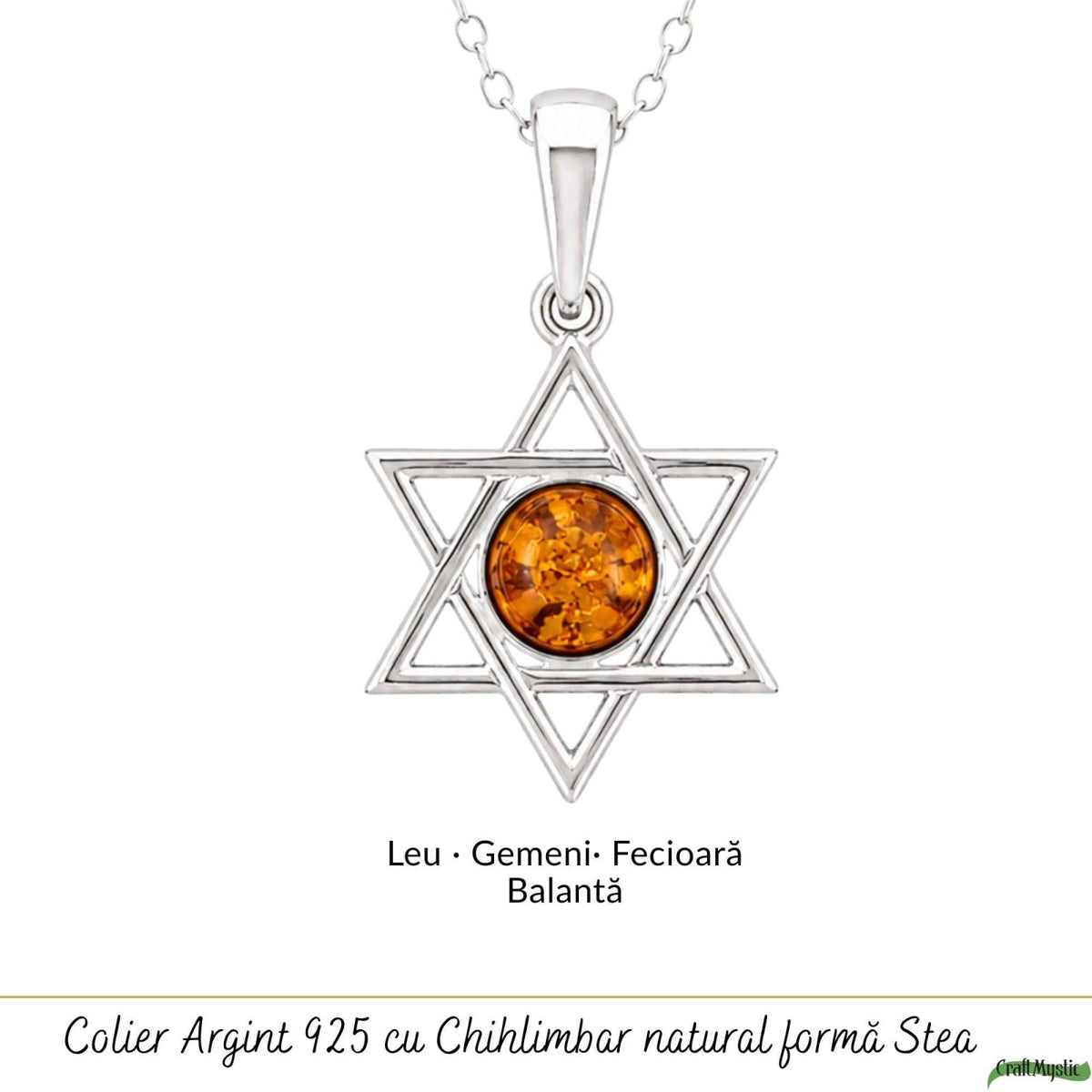 Colier Argint 925 cu Chihlimbar Steaua lui David – Protectie si Echilibru Spiritual