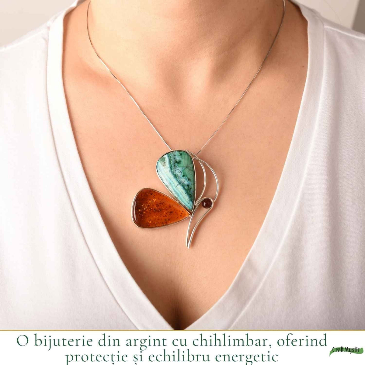 Colier cu Chihlimbar, Malachit și alte cristale, Argint 925 – CraftMystic
