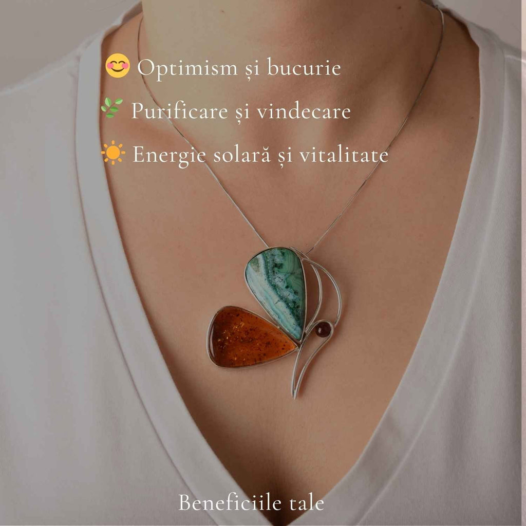 Colier cu Chihlimbar, Malachit și alte cristale, Argint 925 – CraftMystic