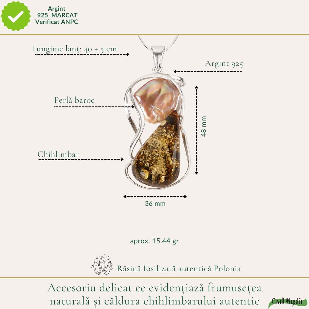 Colier cu Chihlimbar și Perlă, Argint 925 – CraftMystic