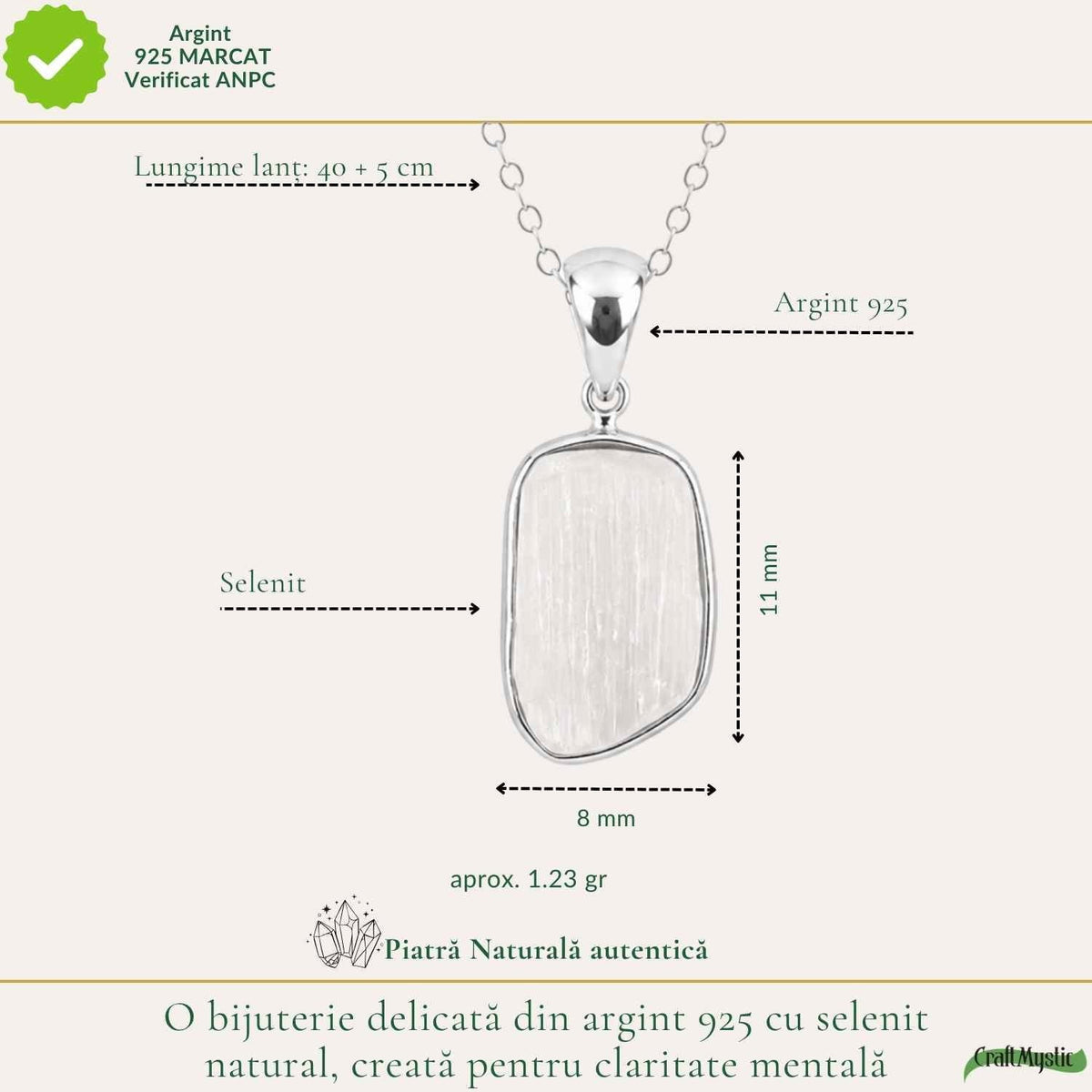 Colier Argint 925 cu Selenit – Claritate si Echilibru Spiritual