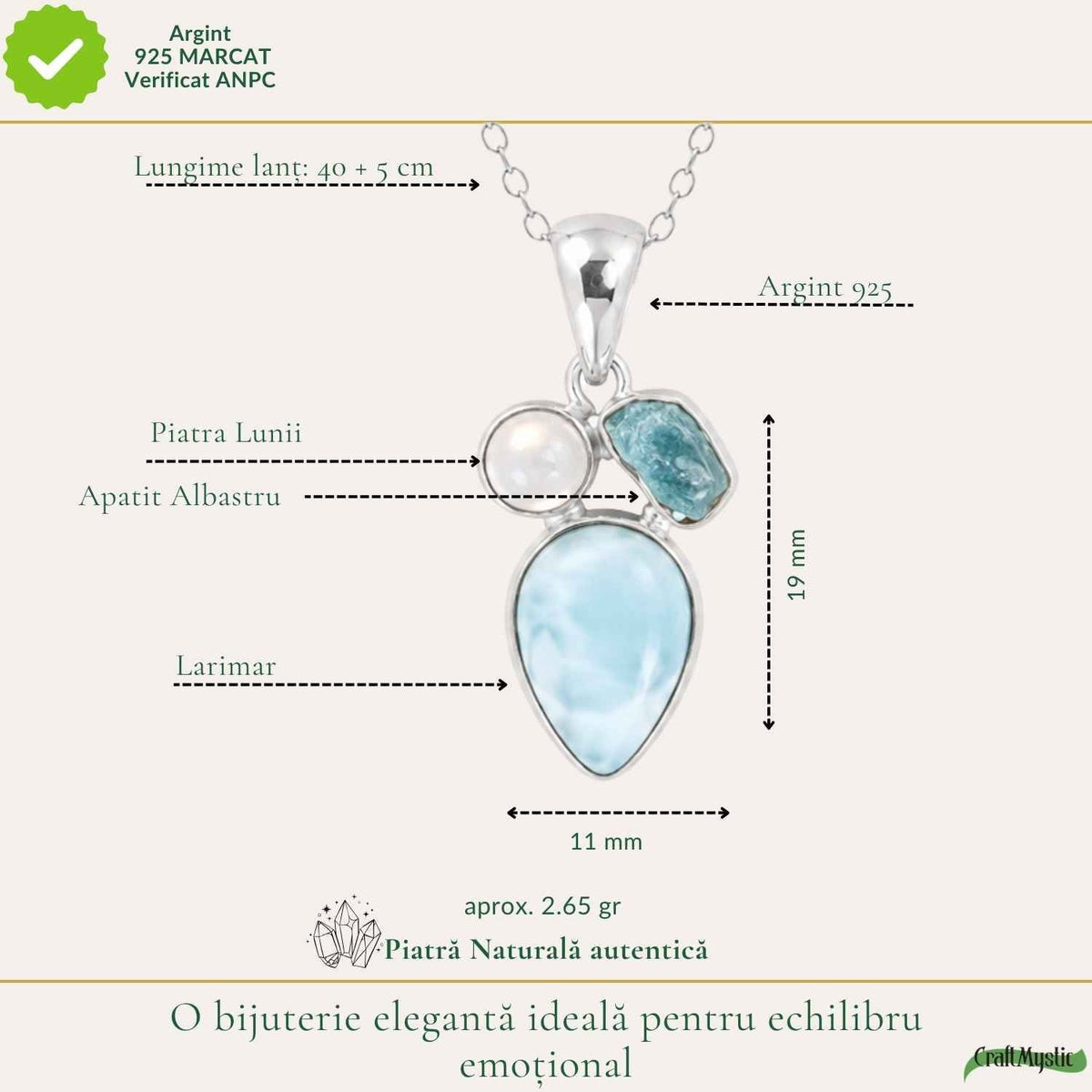 Colier cu Larimar, Apatit și alte cristale, Argint 925 – CraftMystic