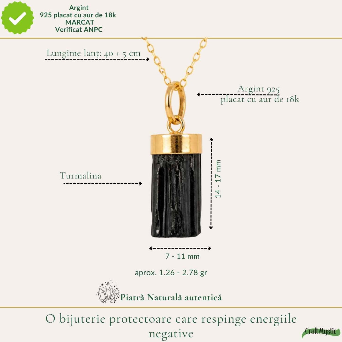 Colier cu Turmalină Neagră, Argint 925 placat aur 18k – CraftMystic