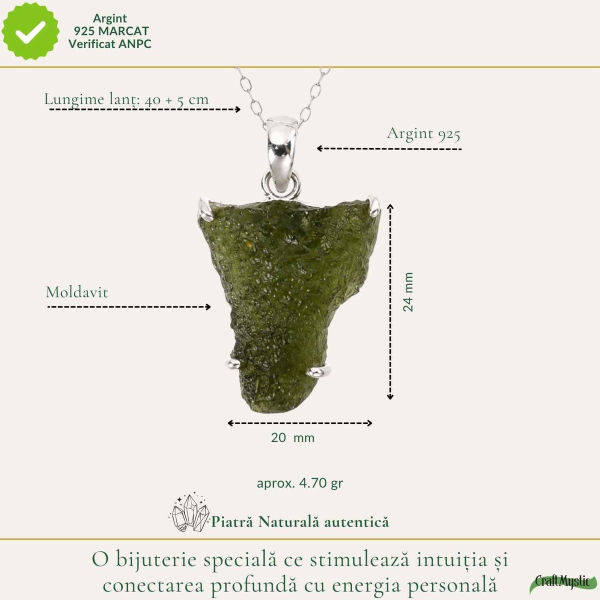 Colier cu Moldavit, Argint 925 – CraftMystic
