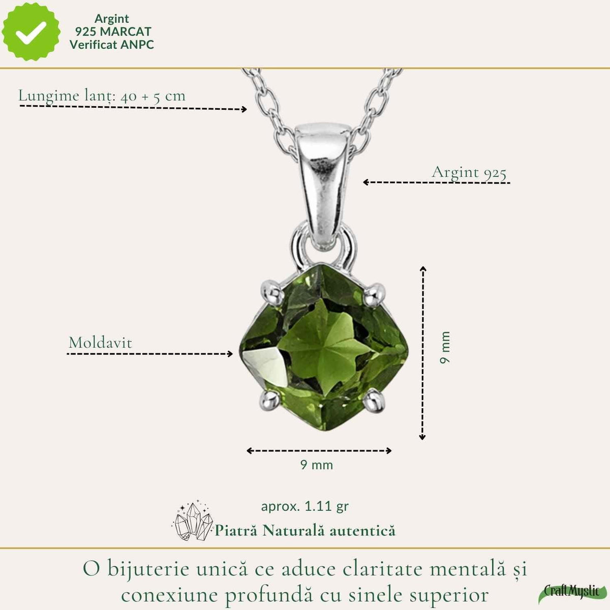 Colier cu Moldavit, Argint 925 – CraftMystic