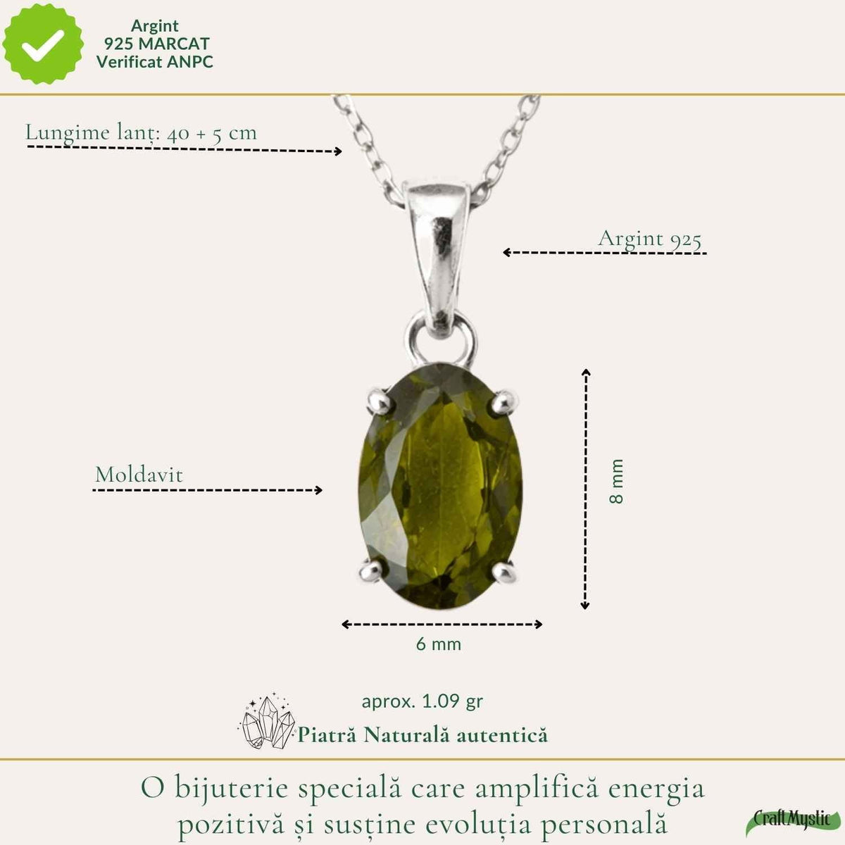 Colier cu Moldavit, Argint 925 – CraftMystic