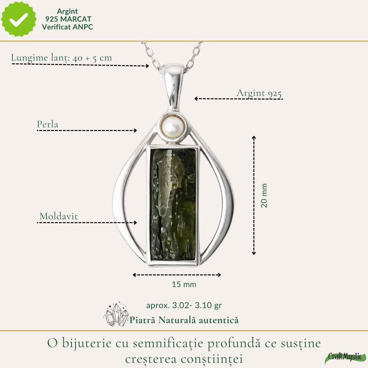 Colier cu Moldavit, Argint 925 – CraftMystic