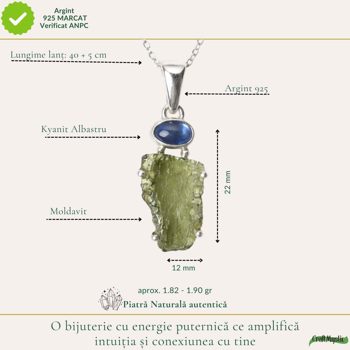 Colier cu Moldavit și Kyanit, Argint 925 – CraftMystic