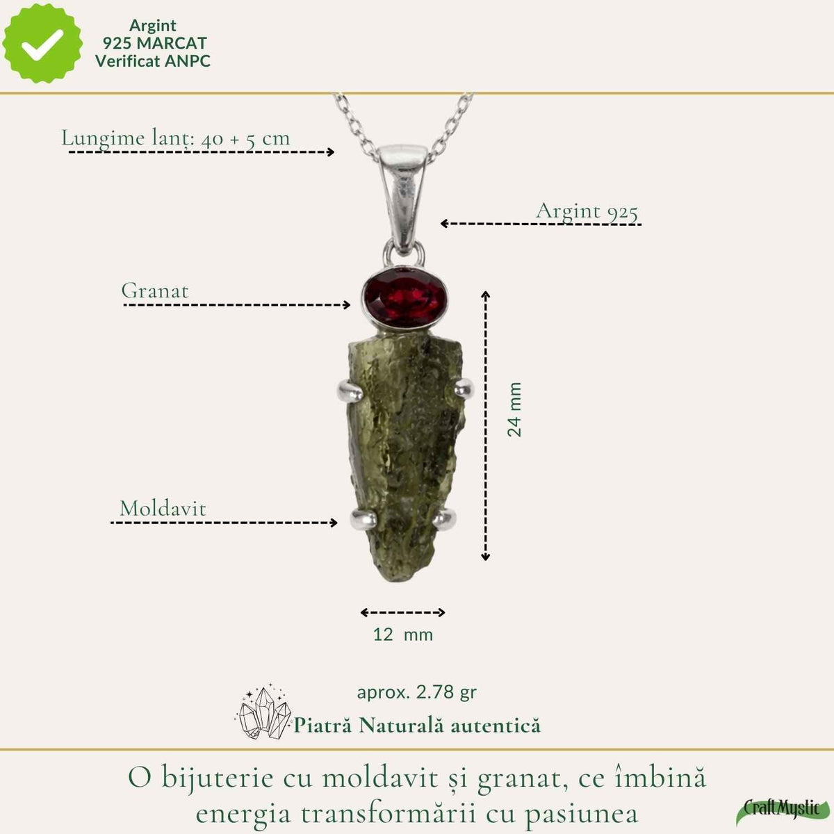 Colier cu Moldavit și Granat – CraftMystic