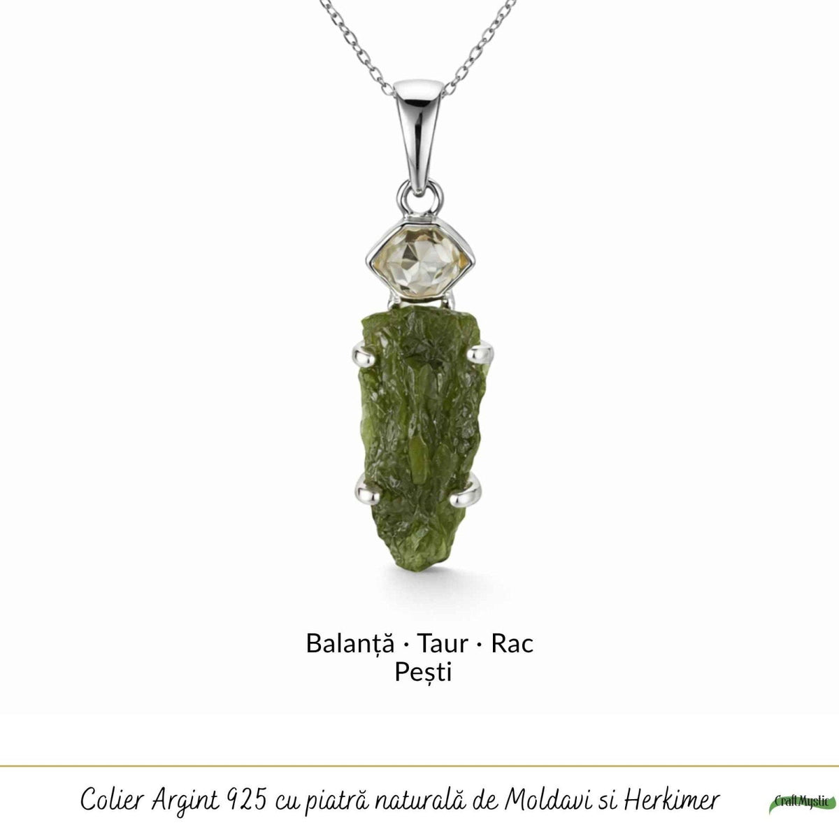 Colier cu Moldavit și Diamant Herkimer, Argint 925 – CraftMystic