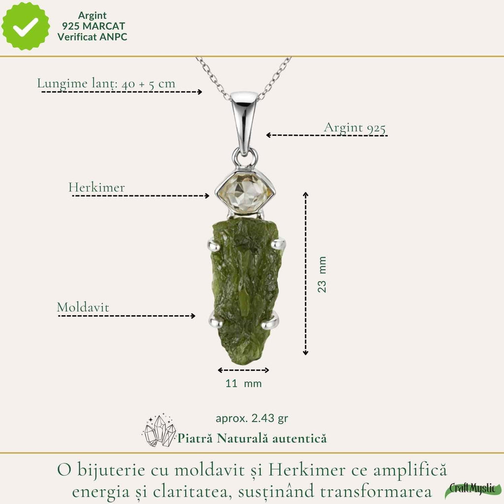 Colier cu Moldavit și Diamant Herkimer, Argint 925 – CraftMystic