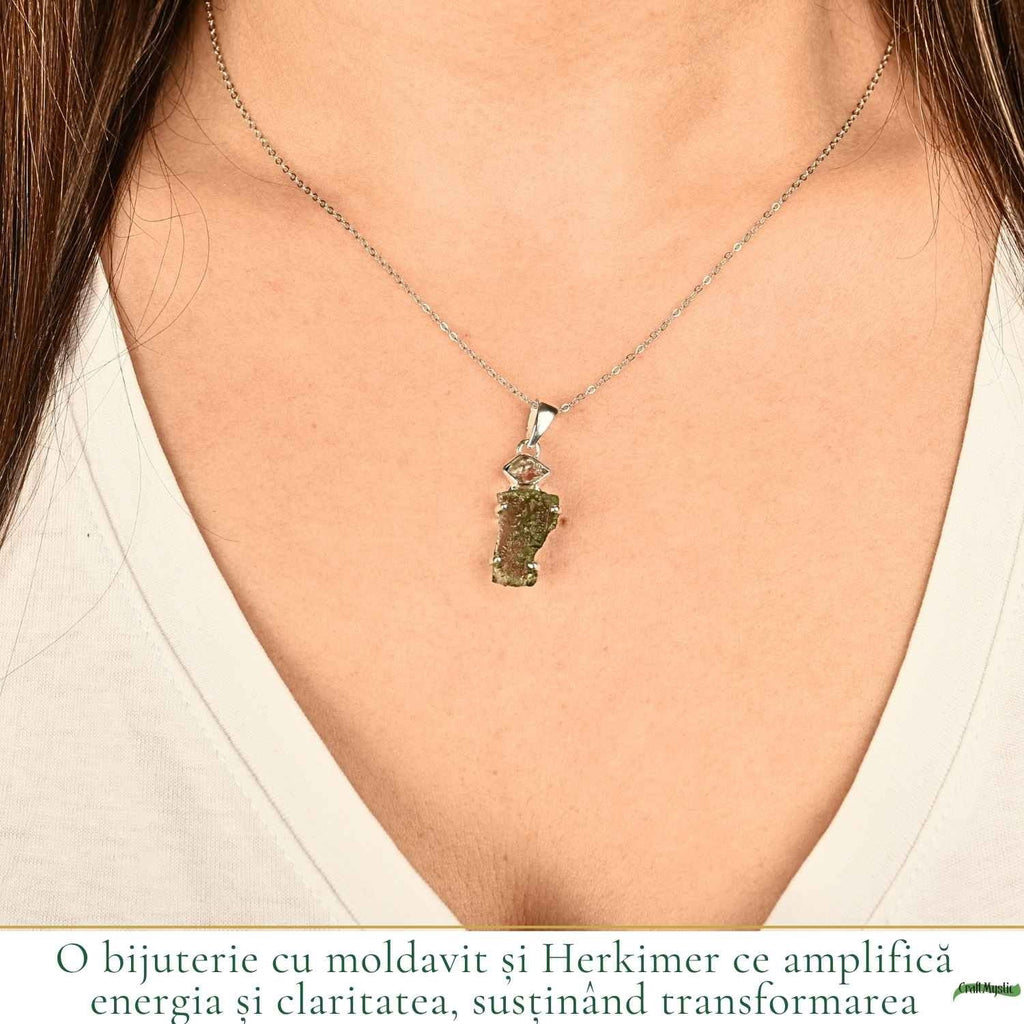 Colier cu Moldavit și Diamant Herkimer, Argint 925 – CraftMystic