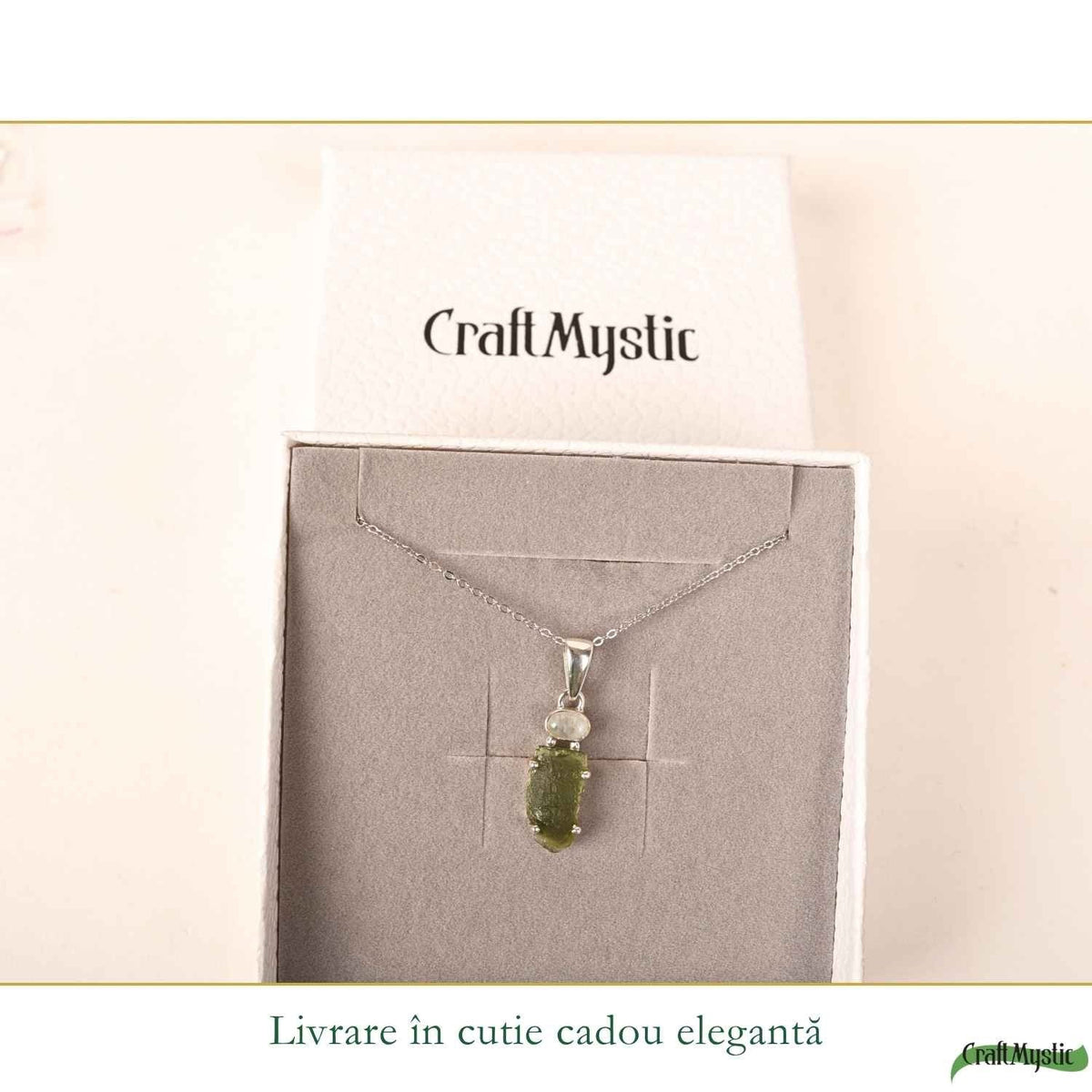 Colier Argint 925 cu Moldavit si Piatra Lunii – Intuitie si Echilibru Interior