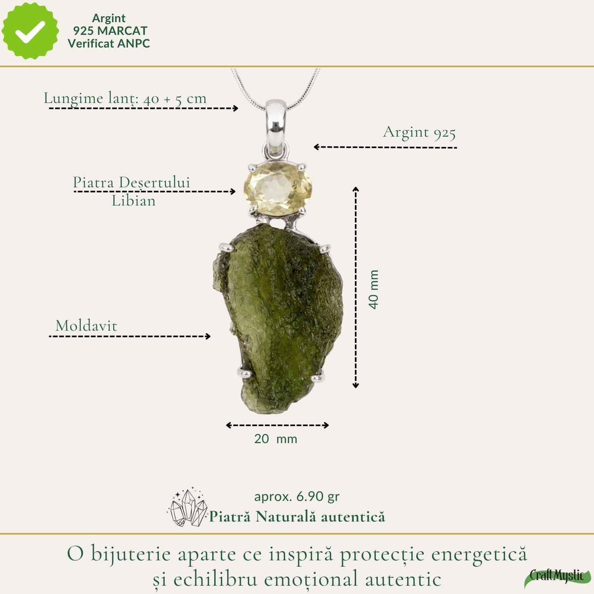 Colier cu Moldavit și Piatra Desertului, Argint 925 – CraftMystic